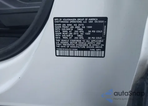 2020 Volkswagen Atlas Cross Sport 2.0T S from USA, damaged, VIN 1V2GC2CA2LC213264